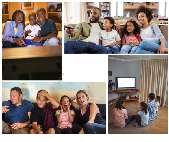 Four people of the same family are sitting and watching TV, some children are also with them And all of them are very happy and enjoying their life well